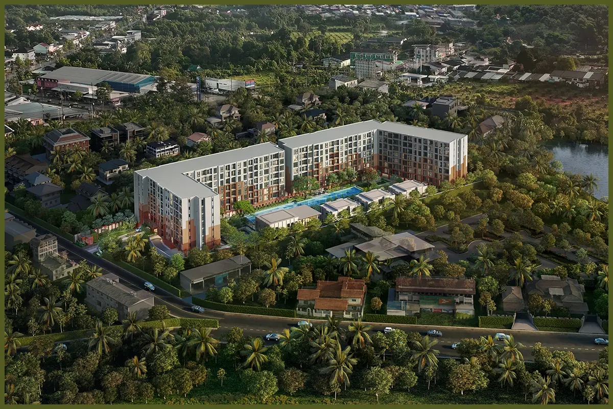 The Base Midtown Phuket сверху: два восьмиэтажных корпуса и двор с бассейном, рендер