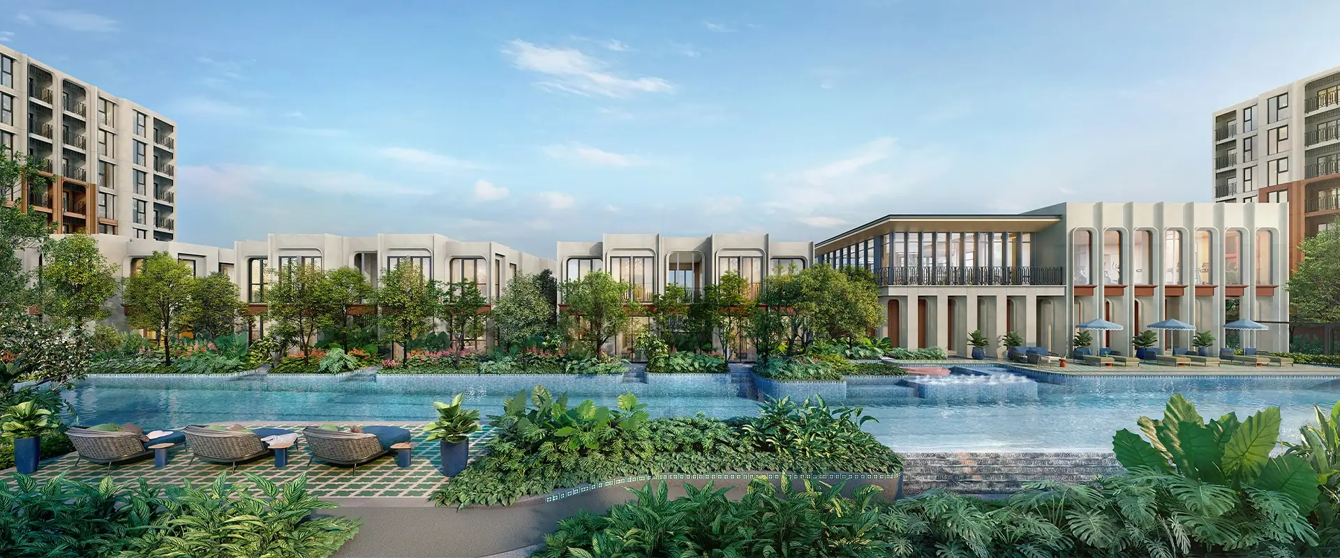 Двор The Base Midtown Phuket: бассейн между низкими корпусами, рендер