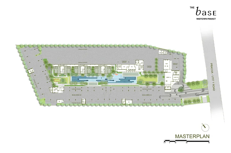 The Base Midtown Phuket masterplan: buildings A–E, pool and clubhouse
